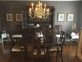 Ethan Allen dining table with 6 chairs, 2 leaves and custom table pads.