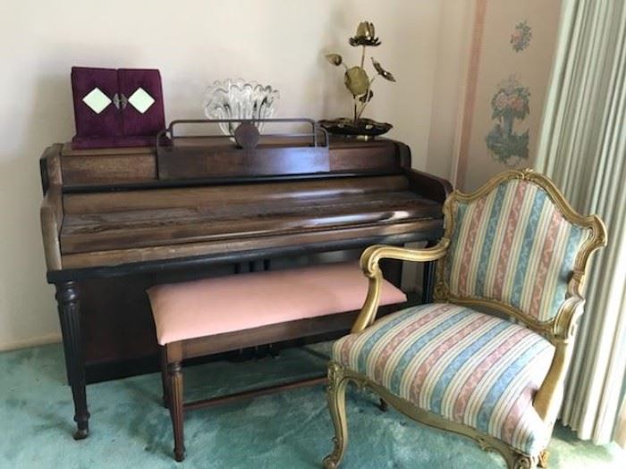 Wurlitzer Piano, Side Chair, Vintage Padded Photo Album, Brass Lotus Flower Arrangement