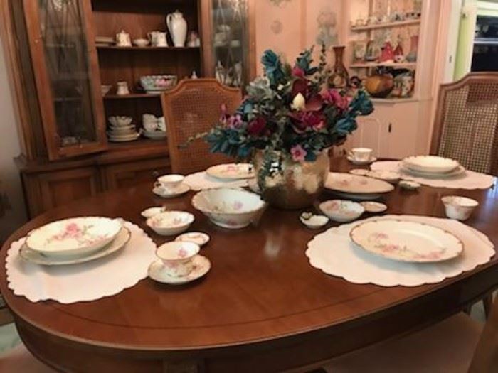 Thomasville Dining Table with Cane Back Seats, China Cabinet, China