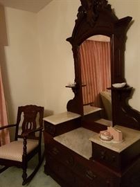 Antique Victorian EastlakeDresser "Princess" Drop Center Marble Top, Walnut, Antique Rocking Chair
