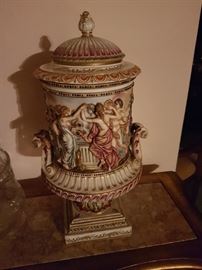 Capo-Di-Monte, Urn, Lid, Classical Figures, Finial, Handles