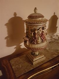 Capo-Di-Monte, Urn, Lid, Classical Figures, Finial, Handles
