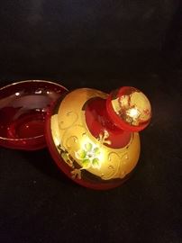 Venetian Italian Red/Gold Perfume Decanter Dresser Set, Powder Dish