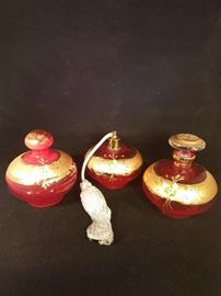 Venetian Italian Red/Gold Perfume Decanter Dresser Set, Atomizer, Perfume Bottle, Powder Dish