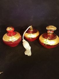 Venetian Italian Red/Gold Perfume Decanter Dresser Set, Atomizer, Perfume Bottle, Powder Dish