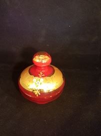 Venetian Italian Red/Gold Perfume Decanter Dresser Set, Powder Dish