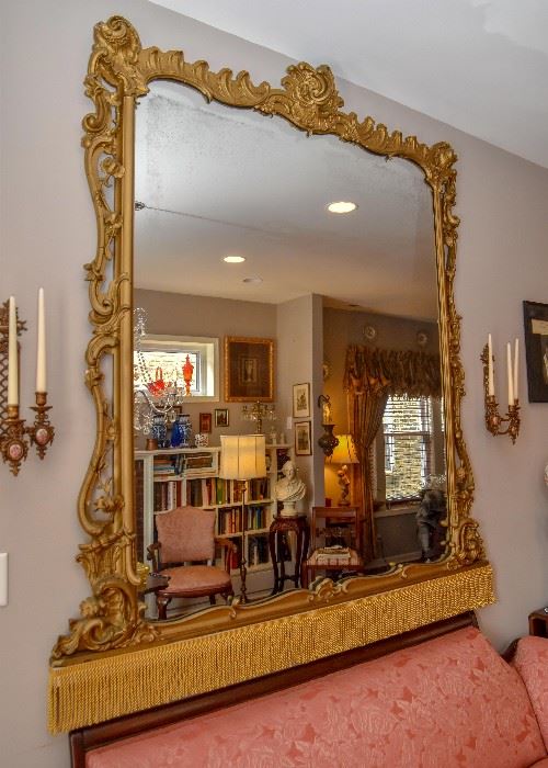 ENORMOUS Ornate Gilt Wall Mirror with Gold Fringe Detail, A BOLD STATEMENT PIECE!