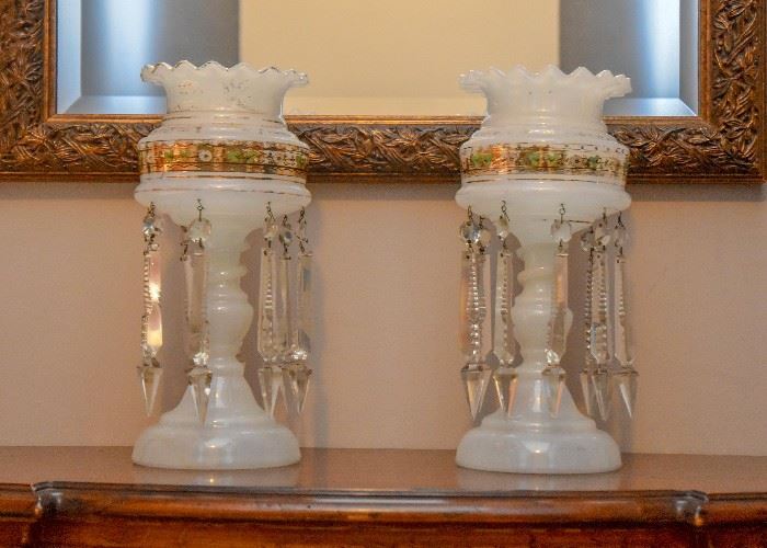 Vintage White Glass Candle Lamps with Prisms (Gilt Detail)