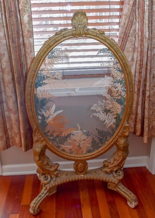 Antique Oval Glass Taxidermy Butterfly & Pressed Fern Fireplace Screen