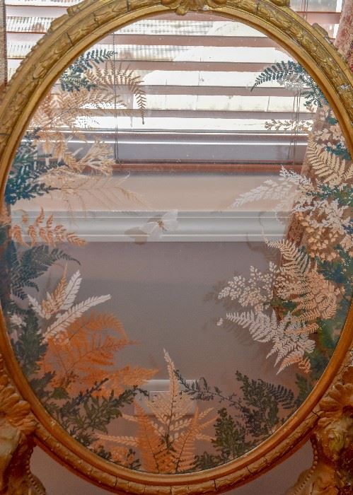 Antique Oval Glass Taxidermy Butterfly & Pressed Fern Fireplace Screen
