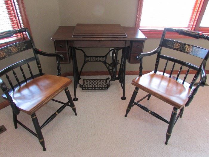 2 Hitchcock Chairs in near perfect condition and Singer Sewing Machine