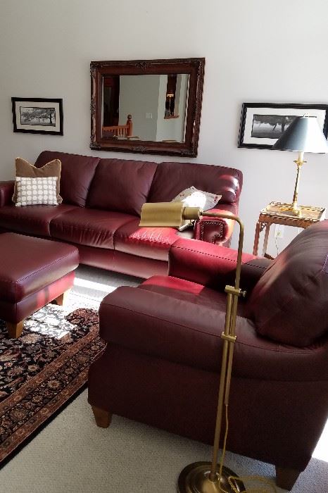 Burgundy leather Sofa, Loveseat, Chair & Ottoman with nailhead