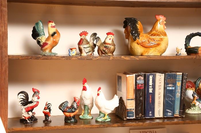 Closer view of chickens and books.
