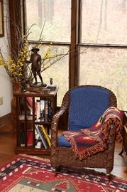 Wicker chair, revolving bookcase.l