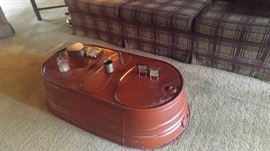 Upside down wash tub used as a coffee table