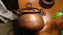 Very early hand forged copper hanging pot