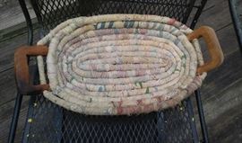 Basket made of flour sack quilt material with wooden handles