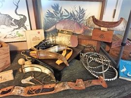 Horn powder horns, whips, holster belt