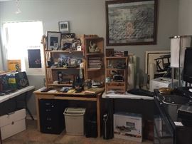 Desk, bookcases, office supplies
