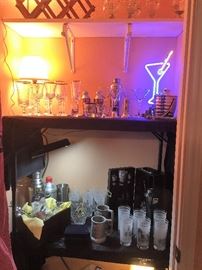 Barware , glasses, martini shakers, traveling bar, 150th Anniversary of Texas glasses (2 sets), neon martini