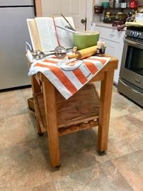 Vintage Butcher Block Table on rollers with one drawer.  Solid, thick cutting board.