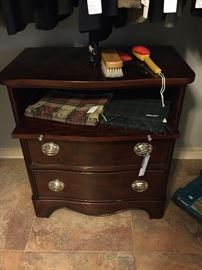 Broyhill two drawer nightstand with open shelf and pull out tray. 