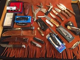  Some custom made knives, Benchmade, Spiderco, A. G. Russell,  R. H. Pal fighting knife, L66 Western, stilleto, Schrade, Buck, Grohmann, and more. 