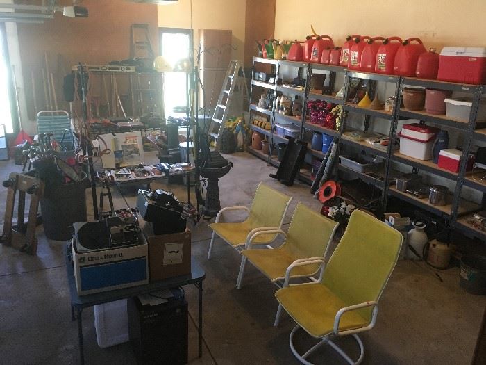 Gas Cans, Metal Shelves, Lawn Chairs, 8 MM Projectors, Ladders, Storage Containers