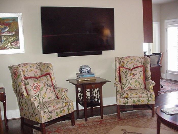 Pair of wing chairs, mahogany occasional table with fretwork sides; Vizio flat screen television