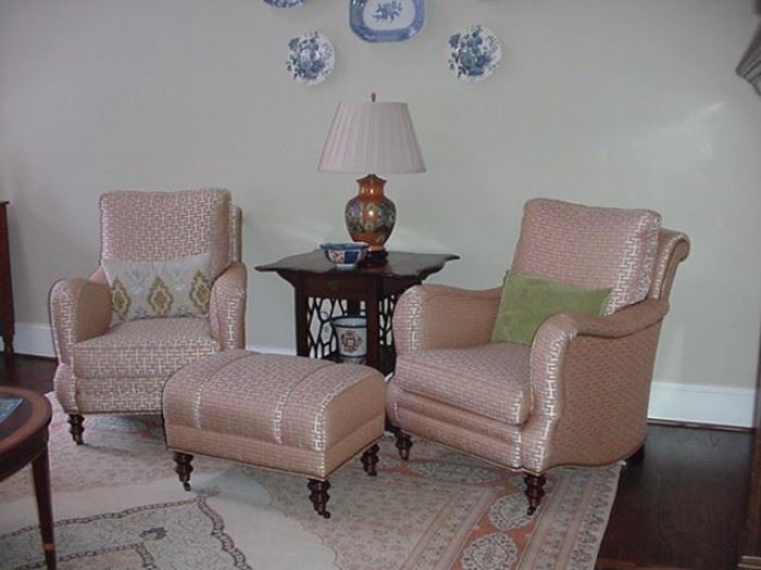 Beautiful upholstered club chairs with one ottoman; matching Chinese Chippendale mahogany table (previous picture)