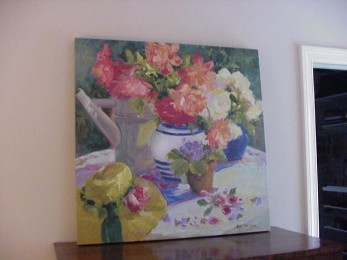 Beautiful summer flowers painting with big-brimmed hat in foreground