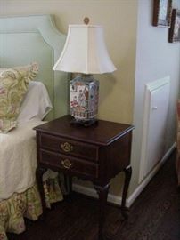 Mahogany side table, two drawer;  Asian lamp