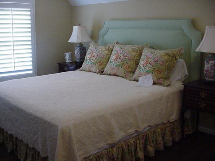 King headboard, and linens including pillows, dust ruffle and spread