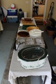 Crockpot, serving dishes, wood salad bowls, trays, etc