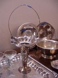 Silverplated basket, square silverplated tray, Revere bowls, silverplated trays