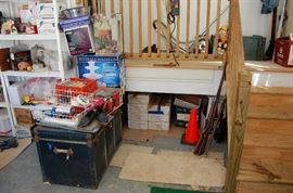 vintage trunk, boxes of hardwood flooring-tung and groove-new in box