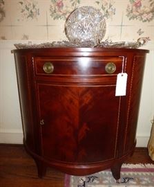 Antique mahogany demilune inlaid cabinet, American Brilliant Cut glass bowl