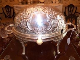 Antique engraved silver plate chafing dish