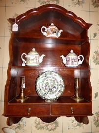 Antique Bonnet Wall Shelf, English teapots, antique Mason's plate