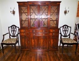 English Mahogany Antique Secretary/Bookcase, 2 antique shield-back chairs