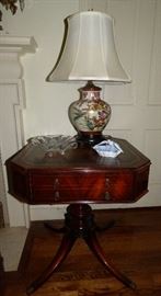 Mahogany side table, Asian style lamp