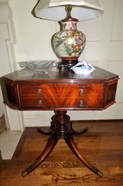 Vintage Flame Mahogany pedestal center table, Asian style lamp