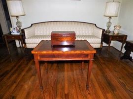 Banded mahogany, scalloped edge tea table with candle drawers on each side, antique mahogany tea caddy , Sheraton sofa, Pembroke end tables, Frederick Cooper crystal lamps