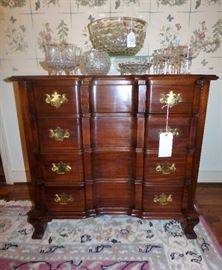 Antique block front mahogany cabinet, Fostoria "American" punch bowl set