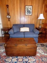 Campaign trunk, La-Z-Boy sofa, pair of mahogany end tables
