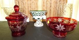 Bohemian red cut to clear candy dish, Bohemian white cased glass cut to green compote, red cut to clear footed bowl