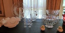 Fenton Silver Crest "Spanish Lace" bowl,  Durand Crystal water pitcher, Marquis by Waterford bowl