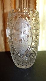 Bohemian crystal vase with deer etching