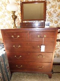 Walnut Chest, shaving mirror, brass electrified oil lamp