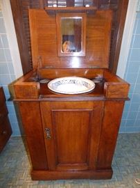 Antique wash stand cabinet with porcelain bowl & mirror
